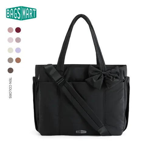 BAGSMART Crush Bow Tote Bag for Women, Large Work Tote Bags, Lightweight Travel Tote Bag, 15.6" Laptop Puffy Tote Bag with Removable Bow & Multiple Compartments for Travel Work Beach Gym 20L Capacity DealsForYouDays summerwins