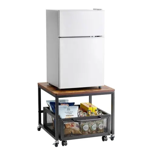【Fallpicks】VEVOR Mini Fridge Stand with Storage 198lbs Cart & Swivel Wheels Light Brown