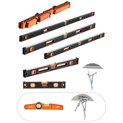 【Fallpicks】VEVOR 6-Piece Torpedo Level (Only 10-inch has magnetic), 78/48/32/24/16/10 Inch Box Levels Set, Bubble Vials Ruler for 45/90/180 Degree, Shock-Proof Aluminum Alloy Magnetic Leveler Tool, SAE/Metric Scale(Only 10-inch has magnet)