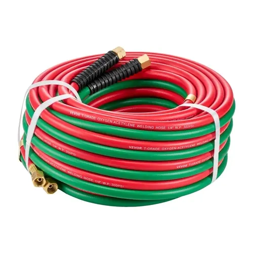 VEVOR Heavy Duty Rubber Oxygen Acetylene Twin Hose, 1/4-Inch x 50 ft, 9/16"-18 LH Left-Hand Thread B Fittings, 300 PSI Max T-Grade, Easy to Connect, Bend Restrictor Compatible, Wear-Resistant for Cutting/Welding, Auto Repair Shops
