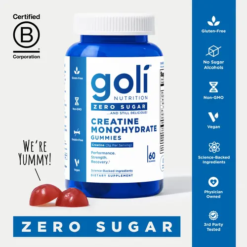 Goli Zero Sugar Creatine Gummies - Keto-Friendly, Rich in Fiber, No Sugar Alcohols, No Artificial Sweeteners, Gluten-Free, Vegan, Non-GMO, and Gelatin-Free
