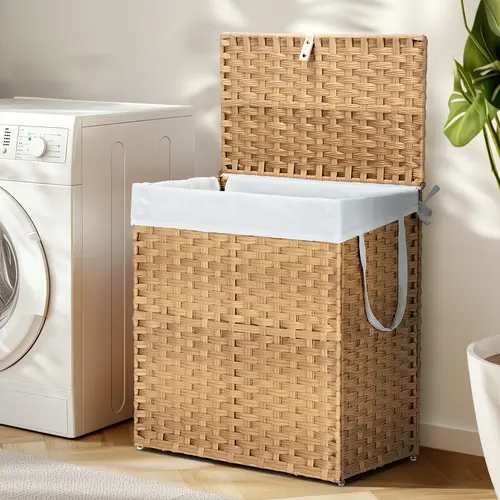 Sweetcrispy Woven Rattan Laundry Hamper with Lid, Foldable Steel Frame and Removable Machine-Washable Liner, Modern Laundry Storage Basket for Bathroom and Bedroom