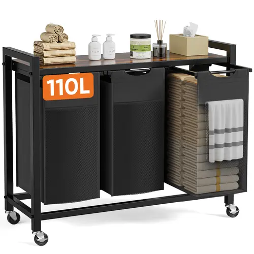 Sweetcrispy Freestanding Rolling Laundry Basket Sorter - Metal Frame with Shelf, 2 Pull-Out Removable Bags, Transport Wheels, Buckle, Stable on Uneven Surfaces, Side Handles, for Laundry Room, Bedroom, Natural Home Supplies