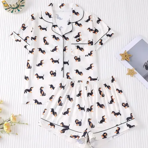 Women's Dachshund Print Short-Sleeve Top & Elastic Waist Shorts Knitted Pajama Set, Casual Comfy Loungewear for Summer
