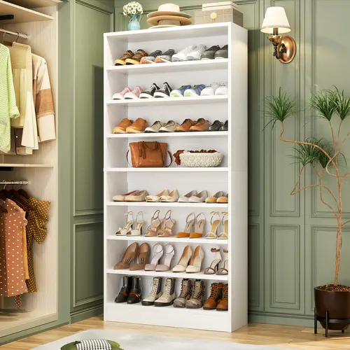 8-Tier Freestanding Wood Shoes Storage Organizer - Durable Indoor Shelving Furniture (64.2in H x 31.5in W x 12in D) with Adjustable Shelves, Drawer Compartment, Holds 40-45 Pairs for Hallway, Closet Organization Needs
