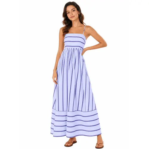 Chouyatou Womens Summer Striped Back Smocked Maxi Sundresses Spaghetti Strap Cut Out Flowy Swing A Line Long Dress