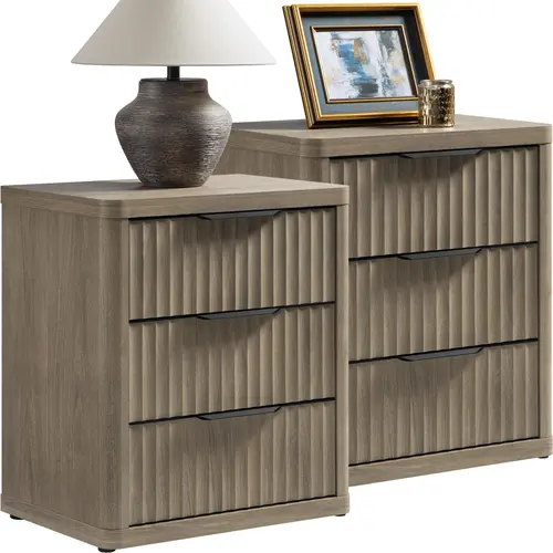 SICOTAS 2-Piece Matched Set Mid-Century Modern Engineered Wood Bedside Table Cabinets (15.5"d x 22.8"w x 25.6"h) - Fluted Panels, 3-Drawer Quick Grab, Contemporary Nightstand, Simple Setup, Minimal Chic Bedroom Organizer