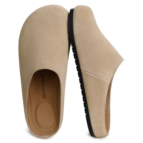 EVELLYHOOTD Women's French Style Genuine Suede barefoot Slip on Round Toe Cork Footbed Clogs Fashion Suede Potato Shoes Outdoor Vintage Comfort Walking Shoes Slippers Classic Footwear