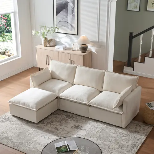93-Inch L-Shaped Modular Sectional Sofa with Ottoman, 4-Seat Chenille Fabric Couch with Pillows for Living Room Lounge, Aesthetic Home Interior Design DIY Combinations (Beige)