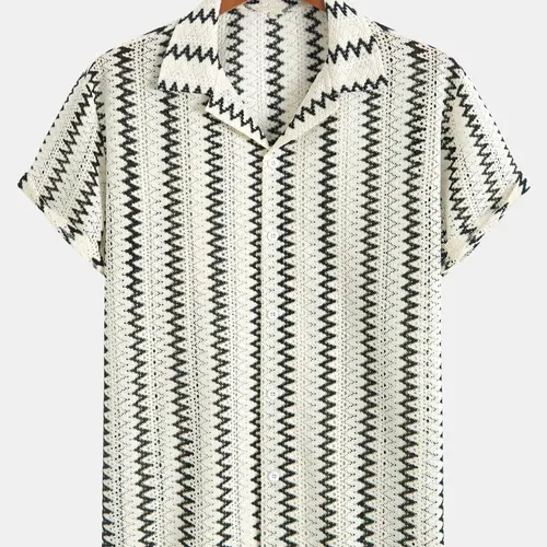 Men's Chevron Pattern Hollow Out Jacquard Short Sleeve Shirt, Loose Casual Comfy Collared Breathable Relaxed Fit Button Front Lapel Neck Top for Summer, Breathable Menswear, Men's Clothes for Beach Vacation, Casual Summer Clothing