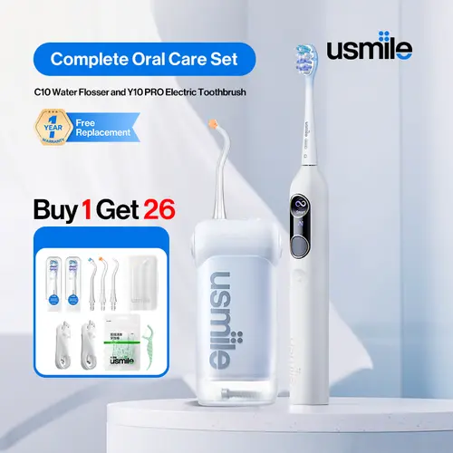 usmile Oral Care Daily Care Set - C10 Portable Water Flosser, Y10 PRO Rechargeable Toothbrush with USB Port, Display, Battery Powered Cleansing Dental Cleaner for Home Use to Achieve Bright Smile