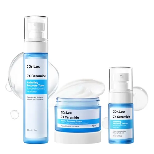 Dr.Leo 7X Ceramides Skin Repair Total Care Set - Toner+Serum+Cream, 1H Redness-Calming, Hydrating, Moisturizing, Soothing, Inflammation Relief, Centella+Olive Leaf+8D HA, Ceramide Barrier Support, Smooth, Daily Care, for Sensitive & All Skin Types