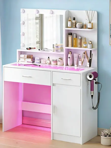 CollaredEagle Vanity Desk With Mirror And 3 Lighting Modes 10 USB Power LED Lights, 40" Makeup Vanity With Glass Top & Power Outlet, Vanity With 36 Lighting Modes Brightness Adjustable RGB Drawers,Dressing Table For Women Girls Bedroom, White