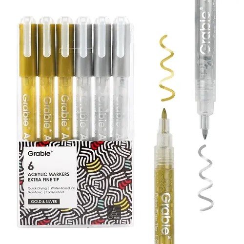 [Flash Sale] Grabie Gold & Silver Extra Fine Tip Acrylic Paint Marker Set Of 6, Back to School, Class Reward Gift Idea
