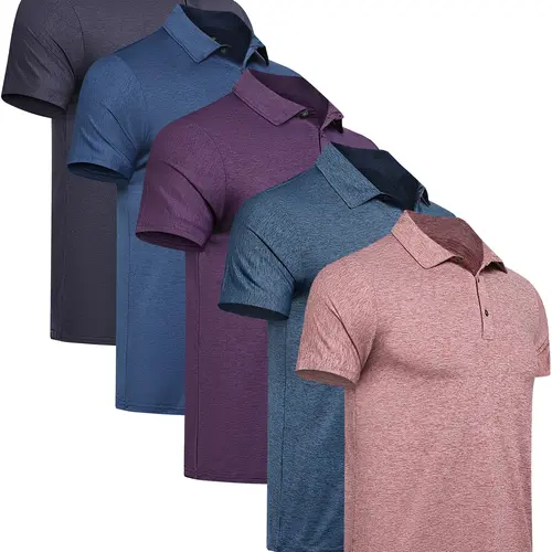 Men's 5-Pack Polo Shirts - Quick Dry Short Sleeve Athletic Dry Fit Breathable Gym Clothes, Casual Sporty Fitted Anti-Odour Buttoned Tops for Golf, Workout