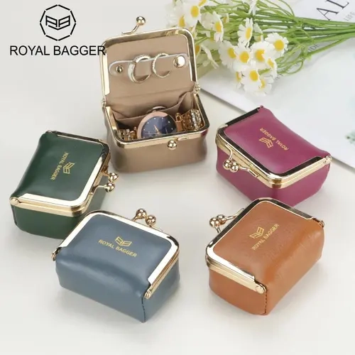 Royal Bagger Women's Elegant Genuine Leather Mini Shell Jewelry Box Organizer - Smooth, Practical, Durable, Kiss Lock, Magnetic, Beauty Jewelry Organization, Coin Purse Shape, 7.5x5.5x4 cm, Retro Design, Ideal for Daily Use & Gifting 4894