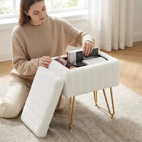 Sweetcrispy Armless Backless Single Upholstered Vanity Stool Chair with Storage - Faux Fur Soft Padded Modern Footstool, 200 lbs Capacity, 18.9”(H) * 16”(L) * 12.2”(W)), 12 in and above Furniture for Bedroom Multifunctional Ottoman