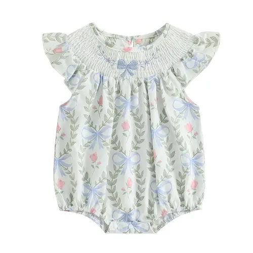 Toddler Onesie for Baby Girls, Summer Polyester Short-Sleeve Bodysuit with Smocked Leaves, Bow Embroidery, Button Fasten, Casual Daily Cute Outfit, Toddler Onesies, Girls' Outfit