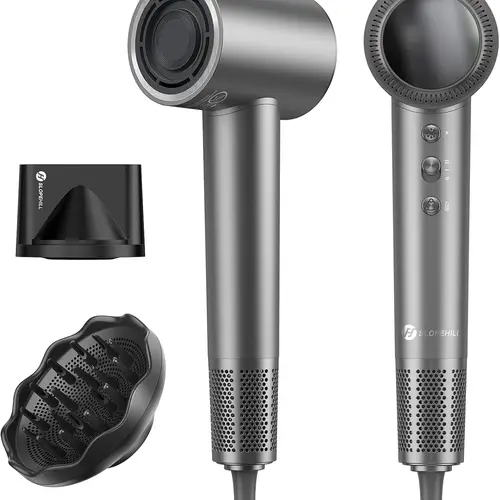 Slopehill Ionic Blow Dryer Kit - 110000 RPM High-Velocity Fast Drying, 0.8lbs Lightweight, Low Noise, Intelligent Temp Control, 30% Cooler Turbo Button, Hair Diffuser for Curly Hair Bouncy Curls, Compact Black Grey Home/Travel Appliance, Mothers Day Gift
