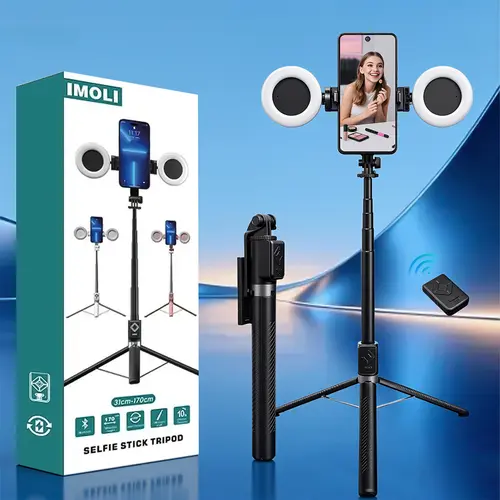 6-in-1 Upgraded Selfie Stick with Fill Light – 67" Cellphone Tripod, Wireless Remote (Page Turner, Camera Video Recording, Music Control) Vlogging Kit, Smartphone Accessories for iPhone/iPad (Tripod for iPhone), Androib