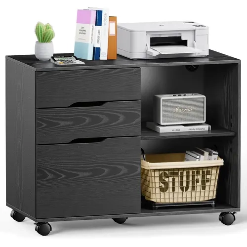 Sweetcrispy Wood 3-Drawer Lateral Rolling Filing Cabinet - 0.63in Thick Indoor Cupboard Organizer, Printer-Ready Top, Finger-Safe Handle, Open Shelves, Mobile Standing Desk Stand for Adults, Hardware Included, Assembly Required