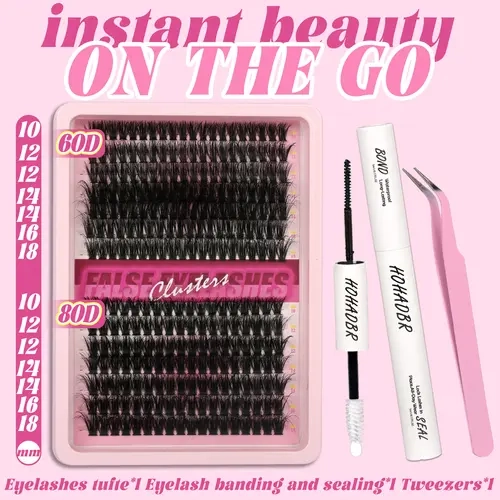 HOHADBR 60D+80D Thick Volume Individual Lashes D Curl 10-18mm Lashes Cluster Eyelash  Lash Clusters  Eyelash Extension Eyelashes  Extension Wispy Individual Lashes Clusters  Lash Bond and Seal, Lash Tweezers for Self Use