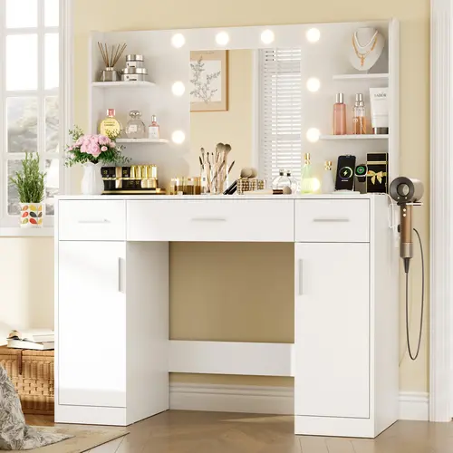 Sweetcrispy White Makeup Vanity Set - Makeup Dressing Desk with Iron Frame, Adjustable 3-Mode Illuminated LED Mirror, 2 Sockets, 3 Drawers, 4 Storage Shelves, Bedroom Storage Stool for Grooming