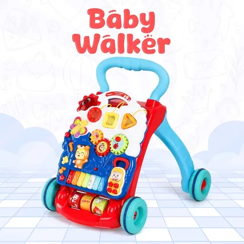 YOLAY Sit-to-Stand Premium Baby Walker with Wheels, Foldable 2-in-1 Push Toy, Detachable Play Panel, Early Learning Activity Center for 6-12M –Blue, Yellow and Greem-Musical Activity Walker for Babies