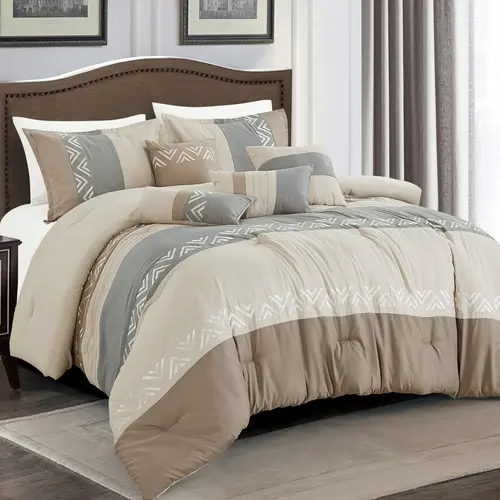 HIG 7-Piece Embroidered Comforter Set - Contemporary Color-Block Patchwork Bed in a Bag