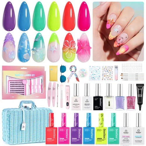 beetles Gel Polish Sunny Escape Complete Nail Care Kit for At-Home Manicures with UV LED Lamp, Short Square Tips, Sticker & Sunglasses Bag, Beach, Nail Glue, Cosmetic, 6 Colors Sunny Escape Gel Kit Limited Edition, Eyelashes, Cuticle Oil, Brush, French, G