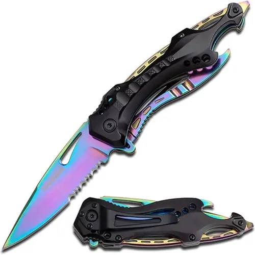 Tac-Force TF-705RB Compact Folding Camping Knife - 3.25in Serrated Blade, Black Aluminum Handle, 7.75in Overall Length, Screwdriver, Bottle Opener, High Durability Survival Gear Equipment for Camping Hiking