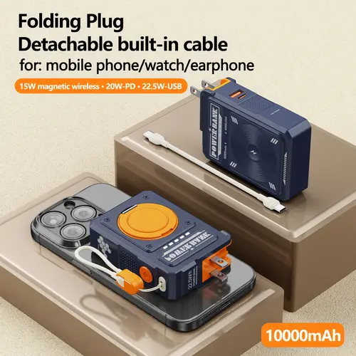 BiLOLLY 5-in-1 Mobile Power Bank Charger - 10000mAh Battery Power Bank, 22.5W Fast Charging, 15W Magnetic Wireless Charging, Built-in PD USB Cable, Compact Dual Port, Lanyard, Folding Plug for Smartphones