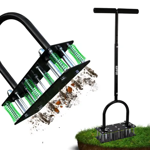 【DealsForYouDays】RIFPOD Lawn Aerator Automatic Dirt and Leaf Clean Design,Grass Aerator for Yard and Garden,Soil renovation Hydrophobic permeation Revives Lawn Health , Heavy Metal Spring Duty Lawn Aerator Tool with 15 Iron Spikes Height Adjustable