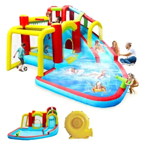 7-in-1 Inflatable Water Park with Slide & Splash pool & Water gun & Climbing wall & Basketball & Football