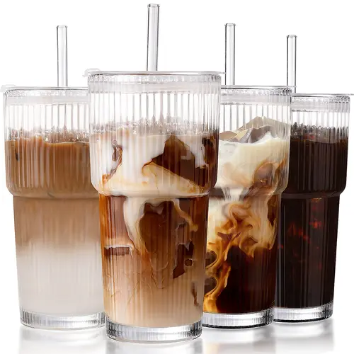 DWTS Danweitesi 20oz Stylish Vertical Stripes Thick Glass Coffee Cups with Lid & Straw, 4-Piece Leak-Proof Tumblers for Iced Coffee, Cocktails, Beverage Use (Back to School, Drinking Glassware)