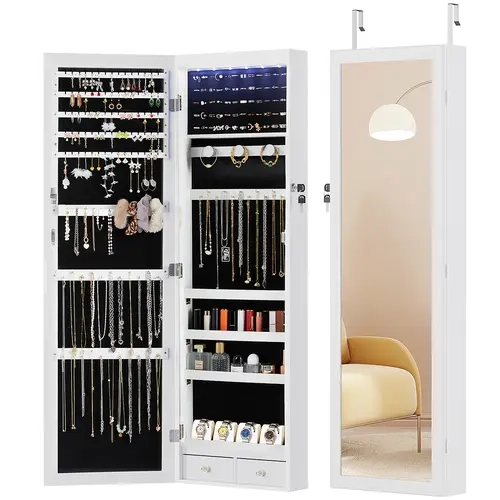 Sweetcrispy Full-Length Mirror Jewelry Organizer Armoire - MDF Wood Storage Unit, Wall/Door Mount Cupboard with 33 Hooks+75 Slots, 47.2" Space, Built-in Makeup Mirror, Lockable Storage, LED Lights, 3 AAA Batteries, Modern Indoor Furniture