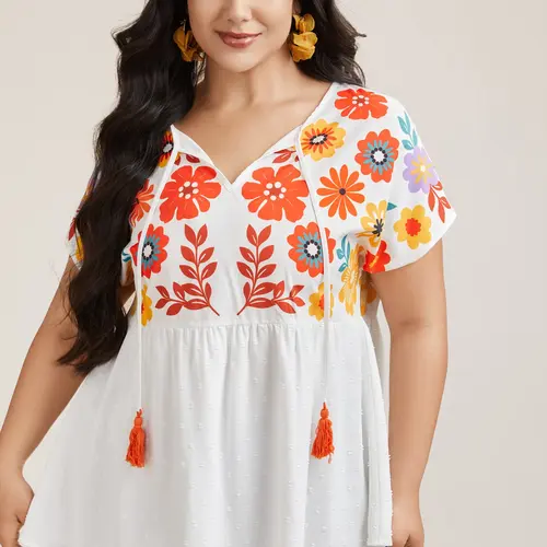 BloomChic Floral Print Neck-Tie Babydoll Top 【M-6XL】