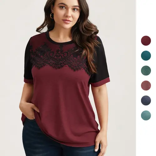 BloomChic Stretchy Scalloped Lace Color Contrast T-Shirt 【M-6XL】
