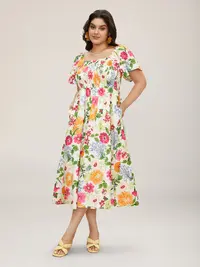 BLOOMCHIC Women's Plus Size Spandex Midi Dress [M-6X] - Casual Wear Curvy Clothing, Ruffled Short-Sleeve Shirred Square Neck with Floral Pocket, Bohemian Summer Vibes Clothes for Women,Spotlight,Summer wins,Deals for you days,summeroutfits,vacationoutfits