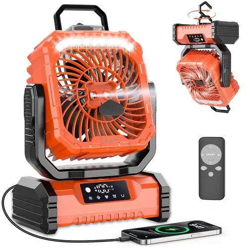Rechargeable Camping Fan with LED Light, Portable Multi-Function Fan with Spray Humidification, Shaking Head Emergency Camping Fan, Wireless Rotation, Battery Powered, Lightweight and Portable#SummerWins