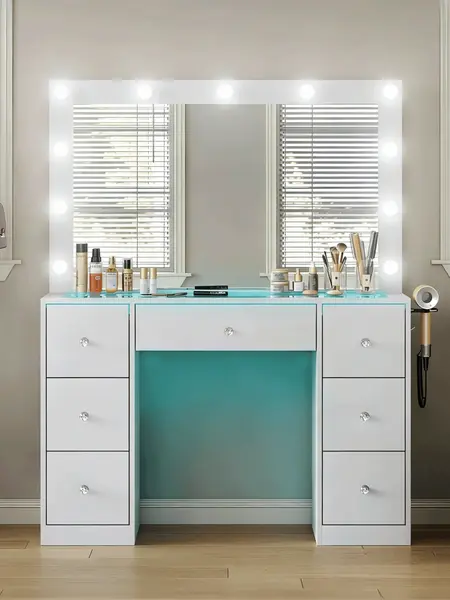 CollaredEagle Modern Makeup Vanity Set - Backlit Adjustable Mirror Vanity with 11 Lights, Power Outlet, USB Ports, 7 Drawers, White Indoor Bedroom Furniture for Bedroom Decor, Gifts for Girlfriend