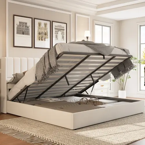 VanAcc Lift Up Storage Bed Frame, Linen Upholstered Platform Bed with Vertical Channel Tufted Headboard and Wingback, Hydraulic System, No Box Spring Needed, Wood Slat Support,Queen/King Sze #TikTokShopFallDealsForYou