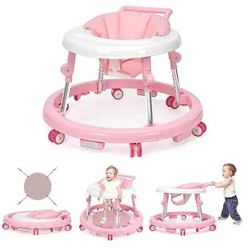 Foldable Baby Walker and Activity Center with 9 Adjustable Heights, Portable Anti-Rollover Design with Silent Wheels for Babies and Toddlers 7-18 Months, Baby Furniture