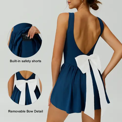TIMEOFF Women's Breathable Lightweight Soft Stretchy Sleeveless Active Sports Clothing Set - Smocked Waist, Flared Leg Fit, Removable Bow, 2 Looks, Cool V-Back Cut, Back-V Elegance, Deep-Cut Strapless Fitted Jumpsuit Skirt