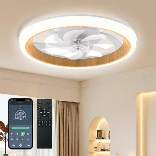 VALLERICO 18.9" Wood Grain Ceiling Fan with Light, Modern Flush Mount Smart Fan,AC100-240V, 17.7" Low Profile Ceiling Fans with Remote, LED Dimmable, 6 Speed Reversible Motor, Quiet Fan for Bedroom, Kitchen, Farmhouse Room Decor,Halloween,Black Friday
