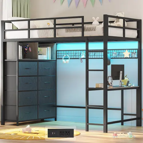 Sikaic Twin Size Loft Bed with Desk, 8 Storage Drawers, LED Lights & Charging Station, Metal Loft Bed Frame with Storage Shelves, 13.1" High Safety Guardrails, No Box Spring Needed, Grey, Home Furniture Christmas Gifts cozy home familyfun [TikTokShopblack