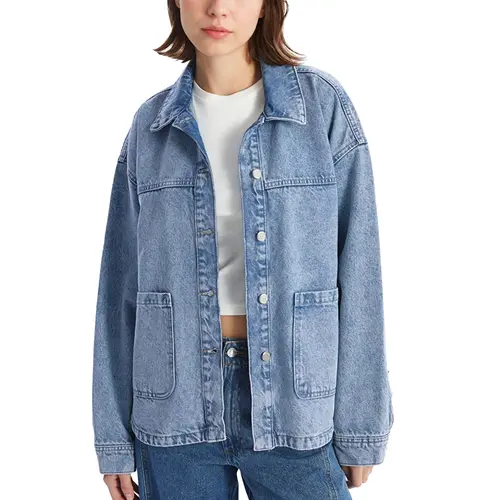 Hixiaohe Women's Oversized Long-Sleeve Jean Jacket - Basic Minimalist Button-Up Outerwear Top with Pockets, Retro Do Not Iron Jackets for Women, Ideal for Back to School First Day Outfits