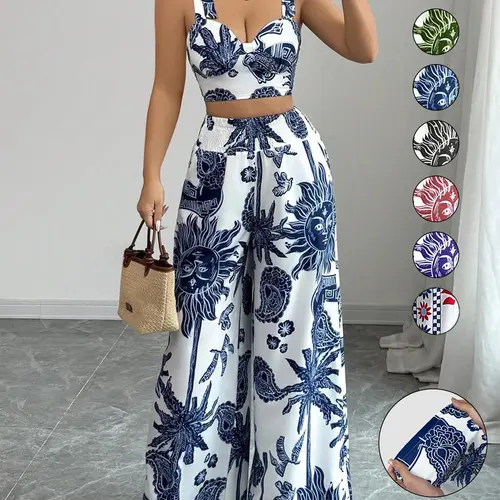 Women's Boho Style Chic Floral Print Sleeveless Top & Belted Straight Leg Pants Set, Summer Casual for Vacation Wear