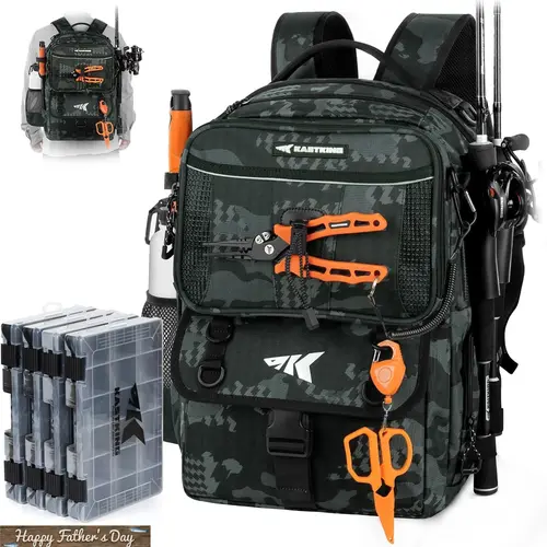 【Summer Wins】50L BaitSpace Fishing Tackle Backpack with Removable Bait Binder & 4 Tackle Boxes, Rod Holders Storage Fishing Gear SummerVibes