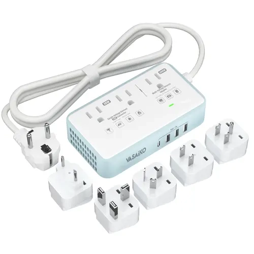 VASAIKO Voltage Converter US to Europe, 220V to 110V Converter for European Travel with 3 AC 2 USB-C 2 USB-A Ports, and EU/UK/AU/IT European Travel Plug Adapter Surge Protector Outlet Usb Multi Plug